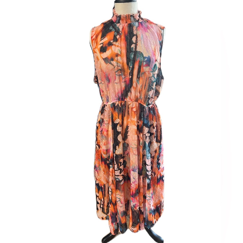 torrid Orange, Pink & Black Abstract Ruffle-Neck Midi Dress